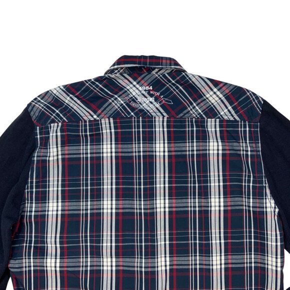 Desigual Button Front Shirt L Blue Plaid Knit Long Sleeve Elbow Patch Graphics - Picture 7 of 11